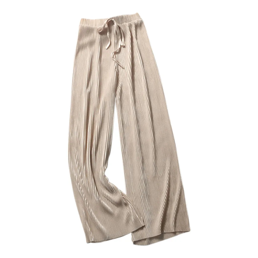 Women Pants Summer Spring Ice Silk Fashion Tide Korean Casual Cropped Pants Loose Elastic Waist High Pleated Wide Leg A One Size