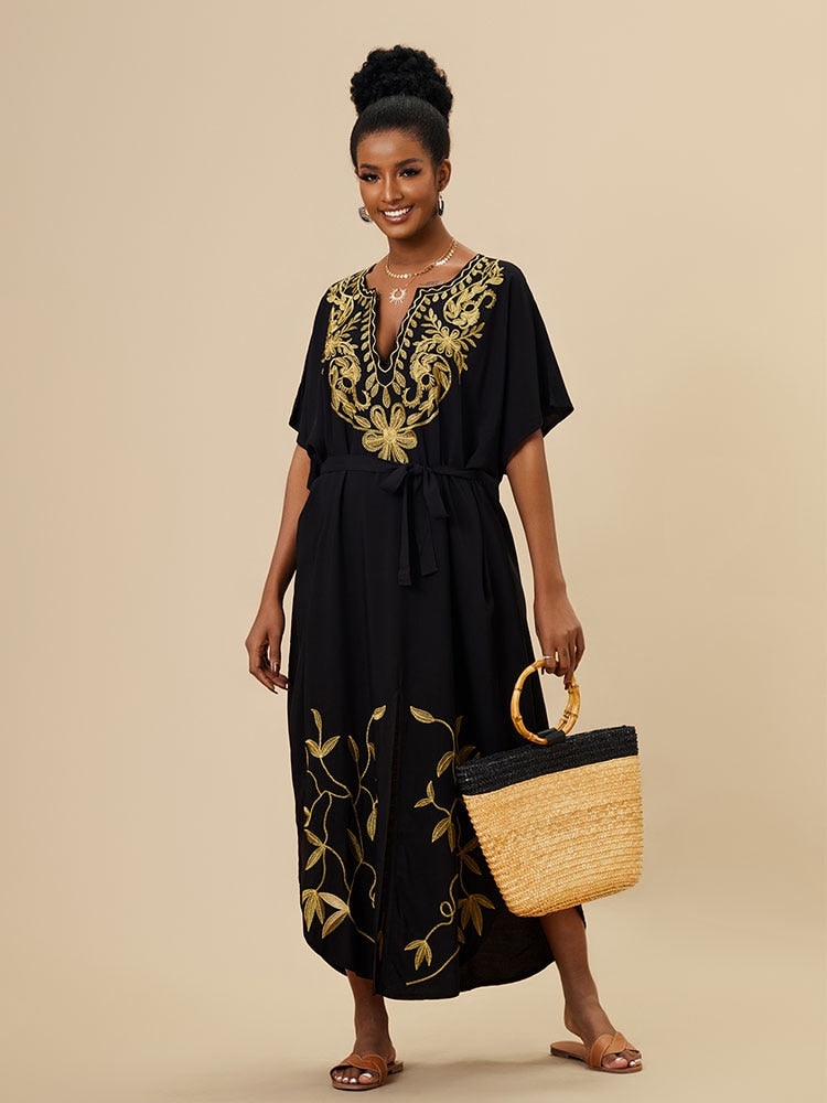 Vintage Embroidery Kaftan Sexy V-neck Batwing Sleeve High Waist Maxi Dress Tunic Women Clothing Summer Beach Dresses Q660 Q1517 One Size
