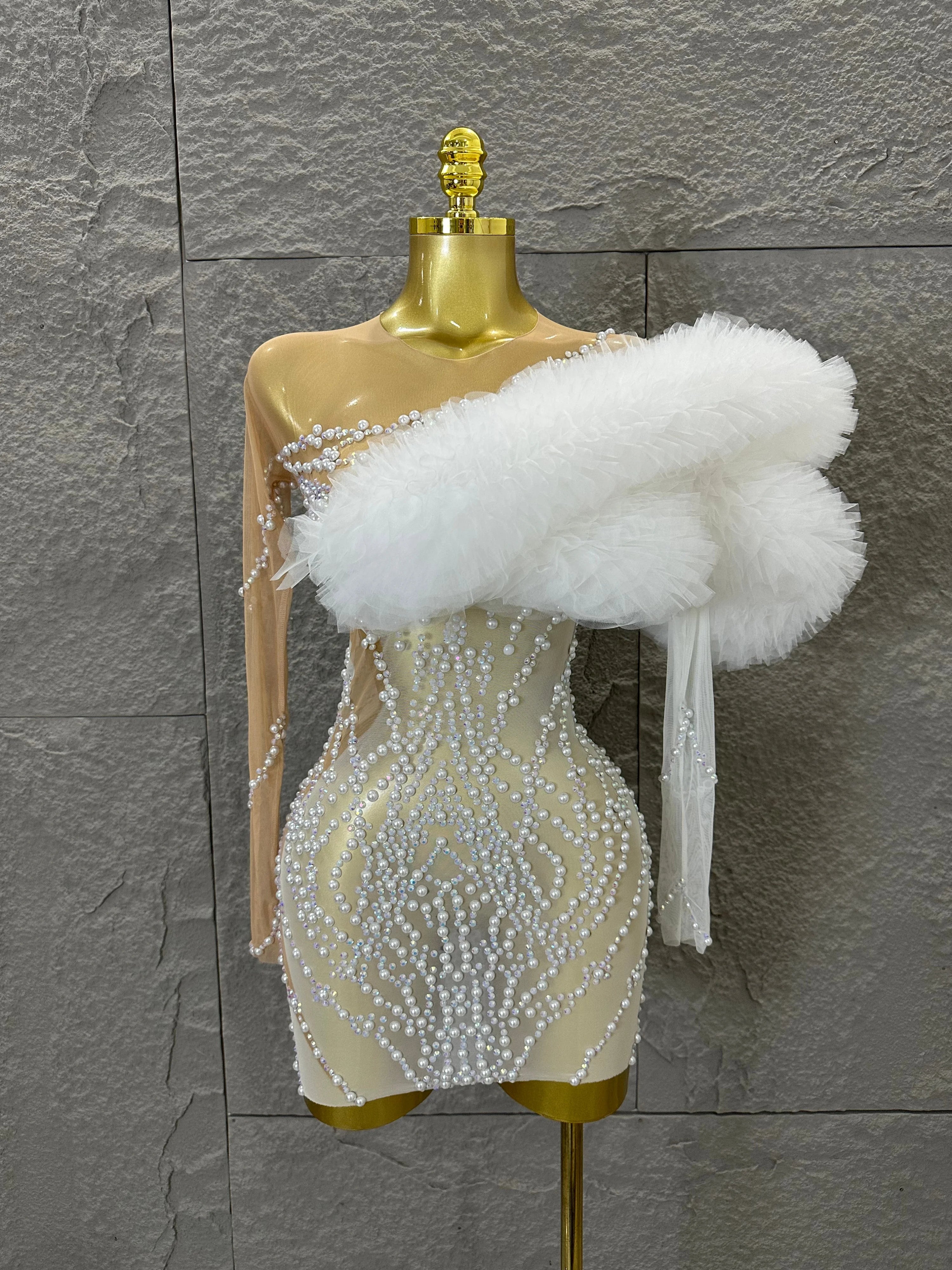 Luxurious Nude Sheer Mesh Mini Dress Women One-Shoulder Pearl Beaded Ruffle Tulle Bodycon Evening Costume WHITE