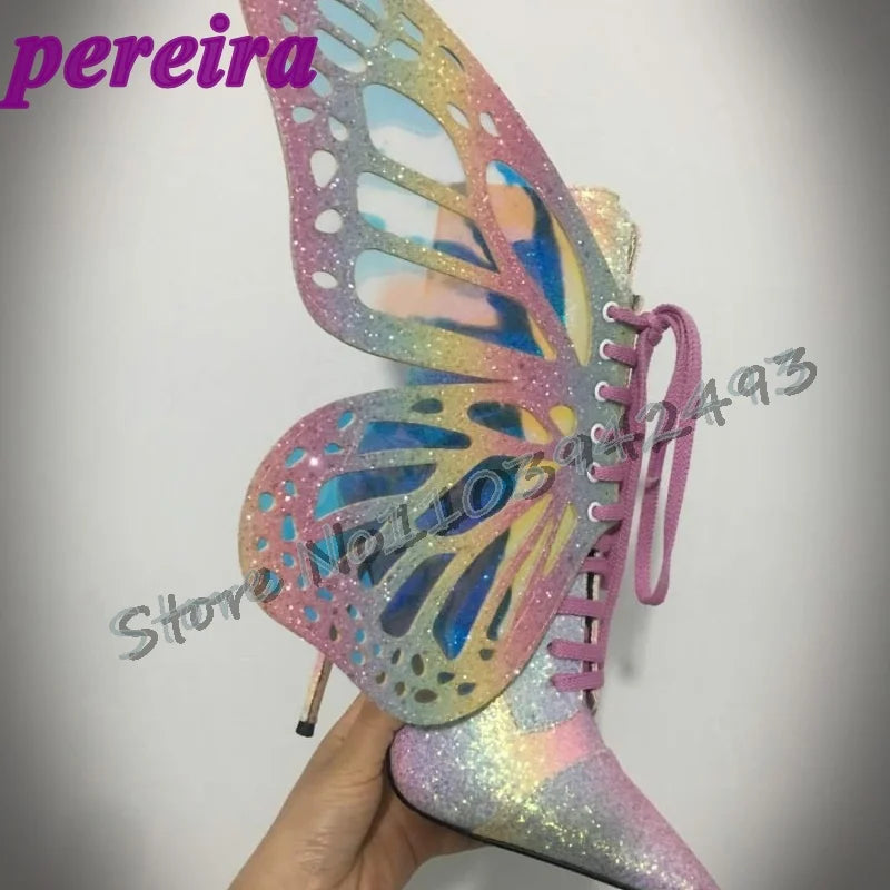 Colorful Butterfly-Wings Boots Laser Pointed Toe Botas Mid-Calf Shoes Side Zippers Zapatos De Mujer Lace Up Thin High Heel Shoe as picture