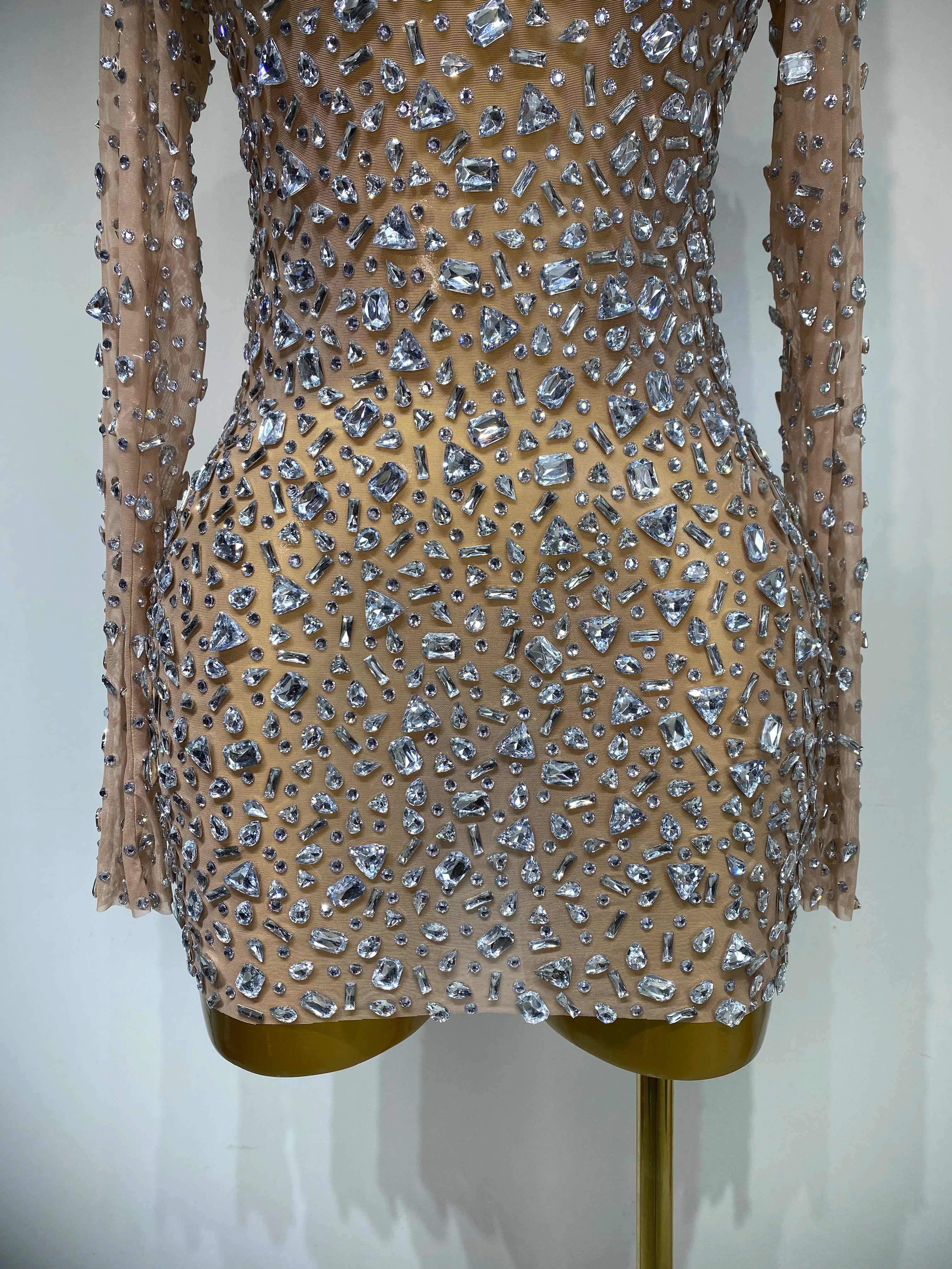 Sparkly Rhinestone Sexy Transparent Mini Dress Celebrity Evening Party Prom Birthday Photo Shoot Nightclub Stage Costume