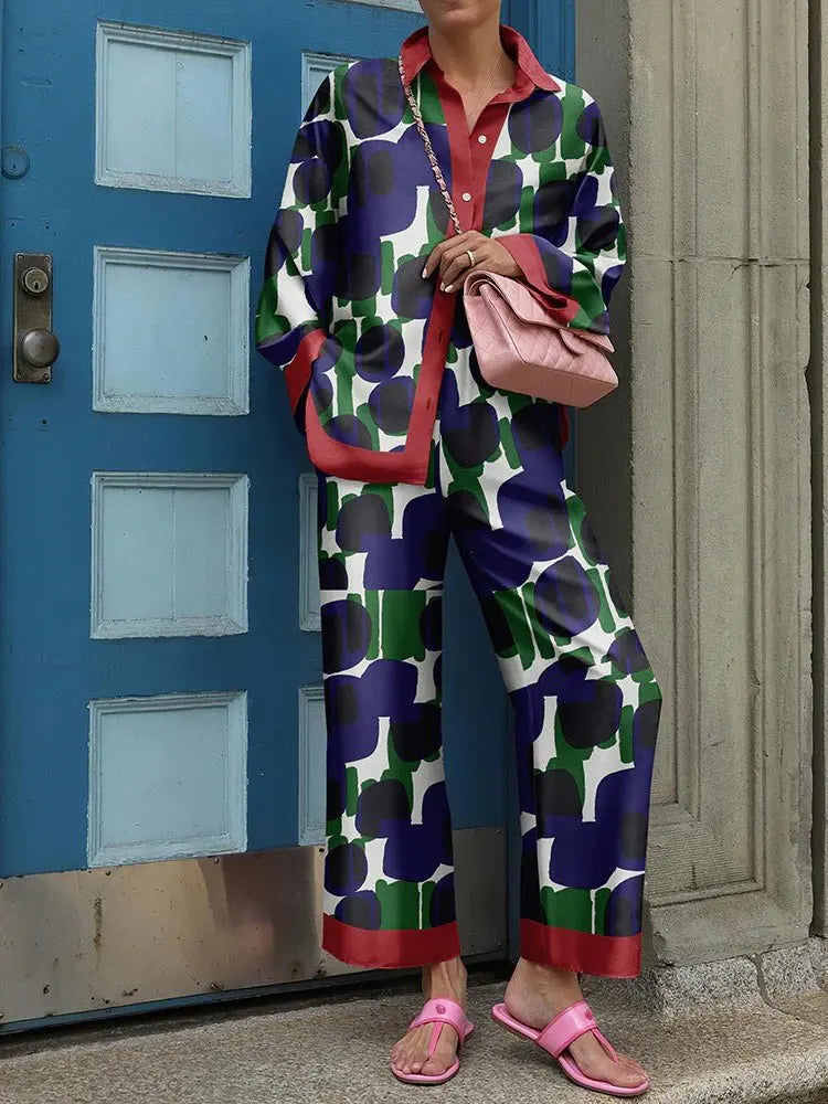 Autumn New Loose Vintage Printed Pant Sets Women Long Sleeve Shirts And Wide Legs Trousers Two Piece Set Fashion Streetwear blue.