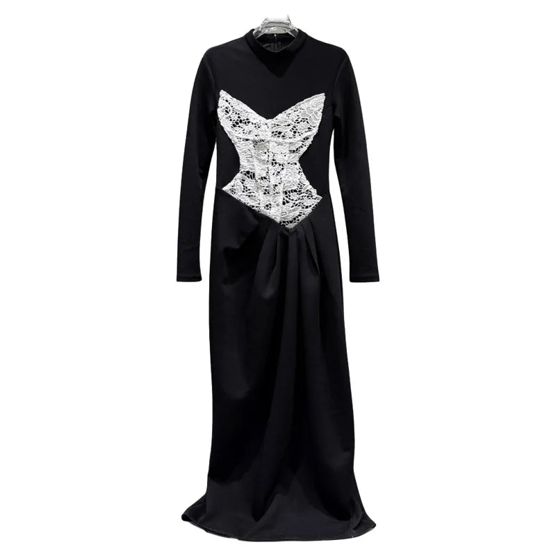 Winter New Fashion Lace Bikini Patch Slim Long T-Shirt Dress For Women Versatile Casual Dresses Female 11A07683