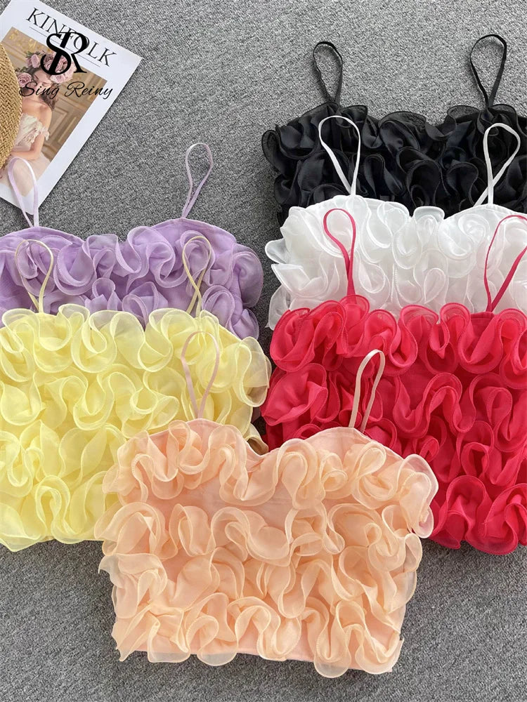 SINGREINY French Style Sheath Solid Sexy Camisole Female 3D Flowers Elastic Tops Ladies Holiday Short Sweet Streetwear Camis