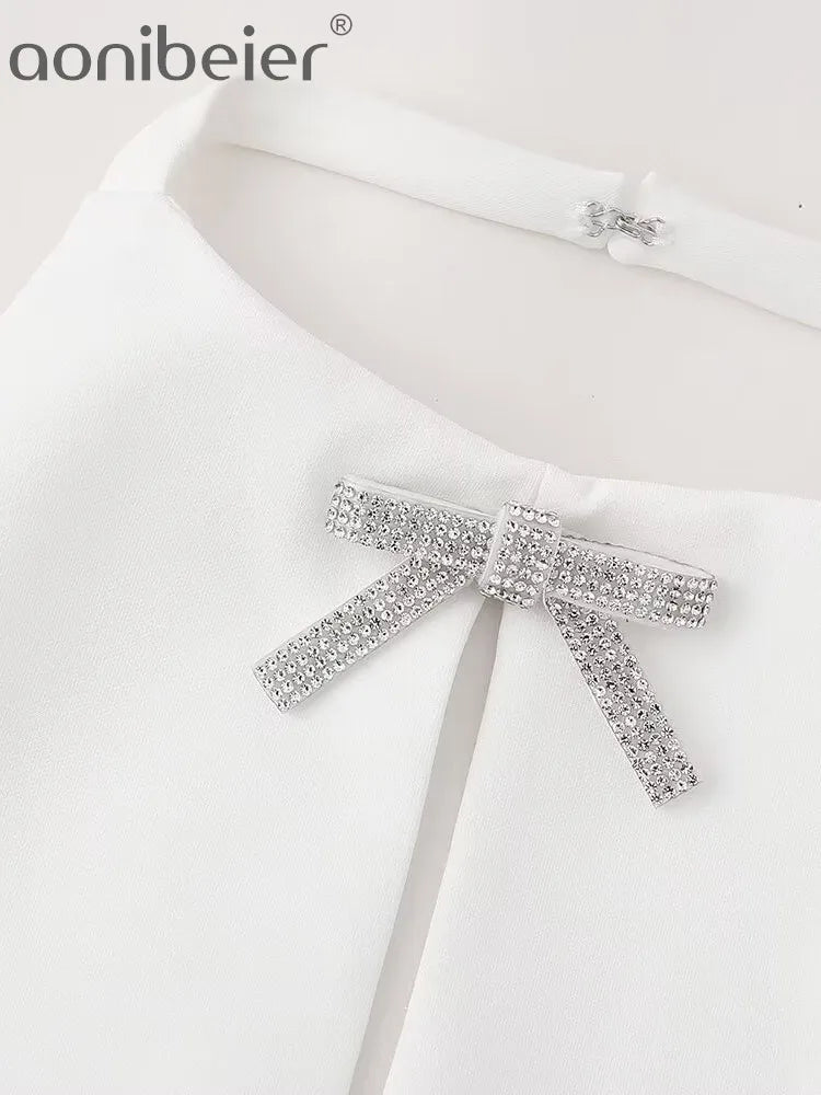 Aonibeier Y2K Black White Women Camis Traf Summer Diamonds Bow Hollow Out Sleeveless Backless Slim Halter Female Crop Top