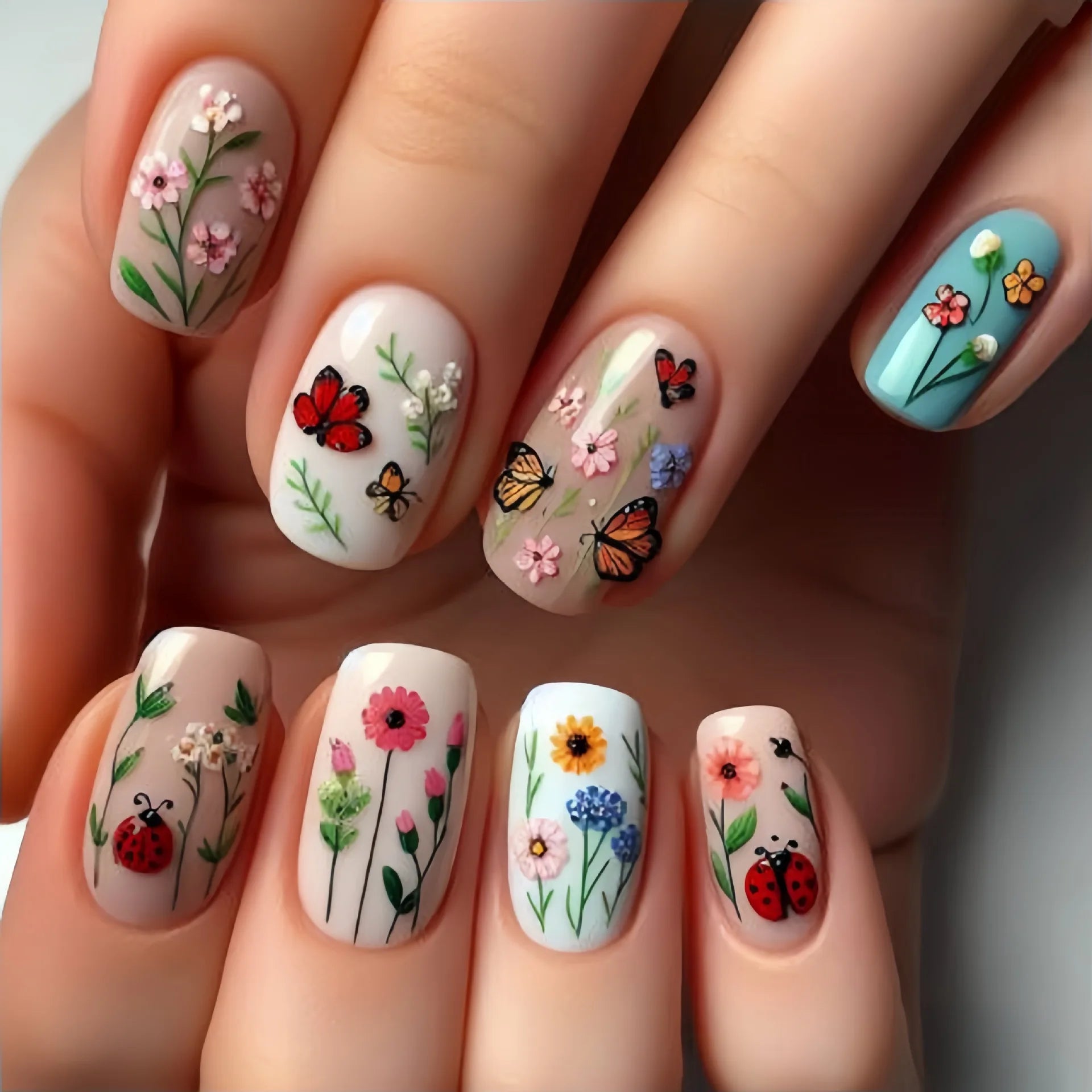 24Pcs Mid-length Square Fake Nails Patch with Plant Flower Pattern False Nails Blue Fashion Removable Nail Tips Finished Summer 3