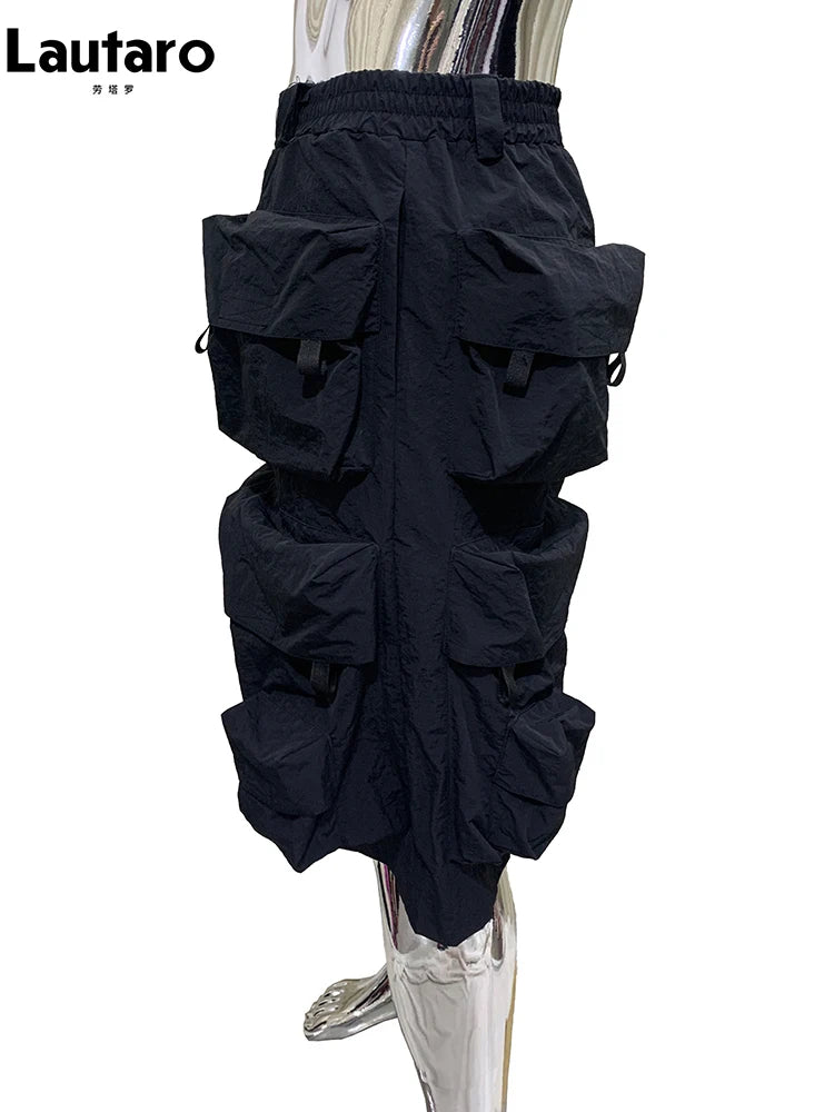 Lautaro Summer Autumn Thin Waterproof Black Nylon Cargo Shorts for Men with Many Pockets Luxury Designer Emo Techwear Clothes