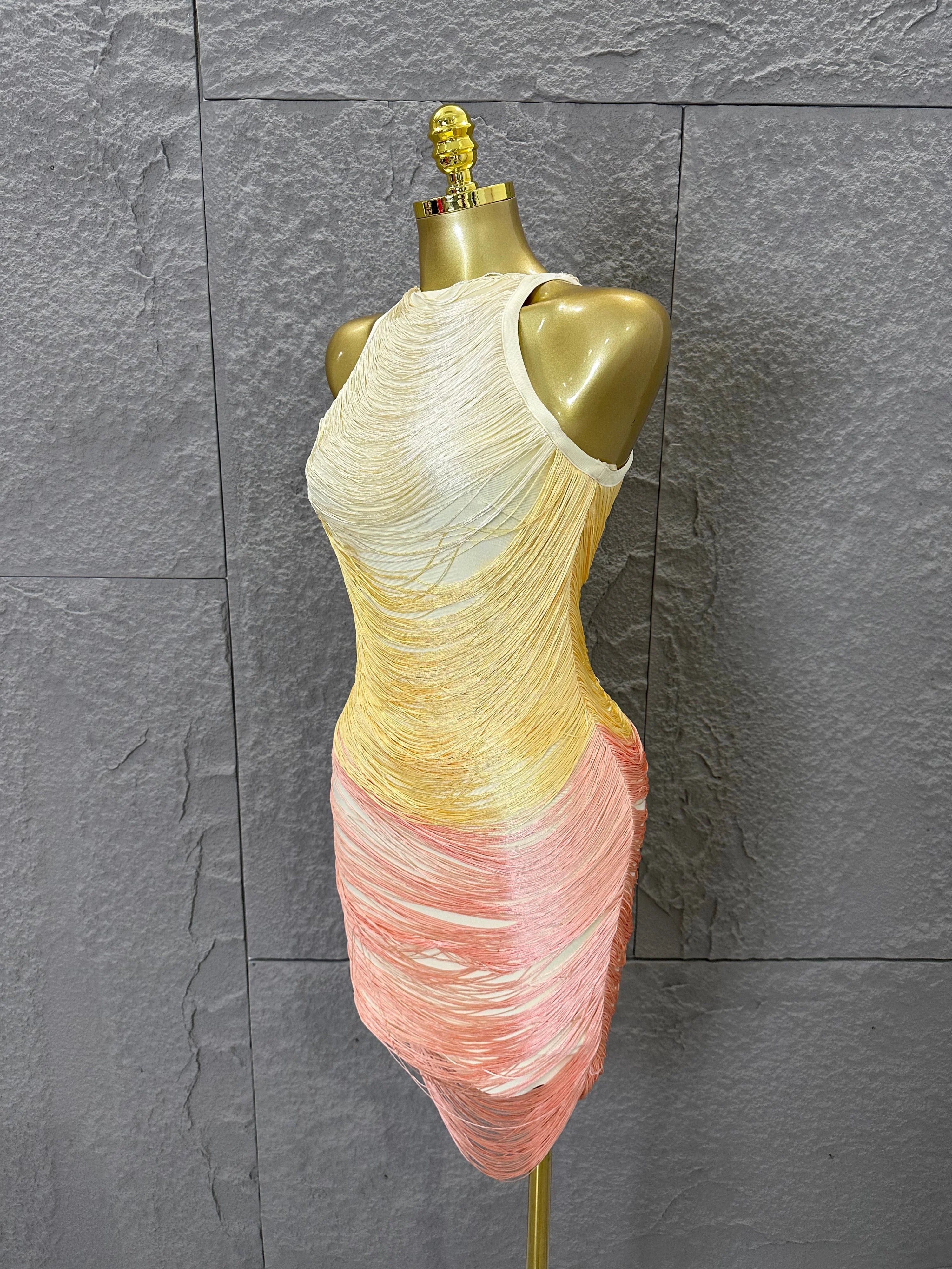 Refined Elegant Halter Neck Mini Dress Women Sexy Gradient Fringe Nightclub Evening Party Outfit Gala Cocktail Party Costume