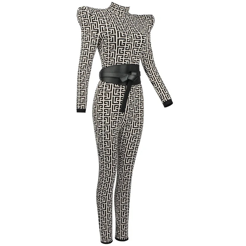 2024 Europe and America Fashion Sexy Round Neck High Neck Long Sleeve One-Piece Trousers Jacquard Black Sexy Cross-Border
