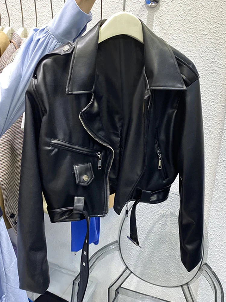 Spring Autumn Short Blue Soft Pu Leather Biker Jacket Women Zipper Long Sleeve Belt Cool Luxury Designer Clothes 2022 Black