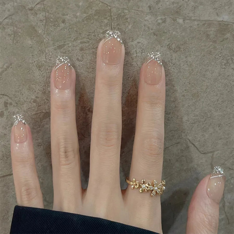 24Pcs Short False Nails with Shimmery Powder Ballet Nail Art Full Cover French Sheer Wearable Nail Manicure Tips for Girls Daily 50