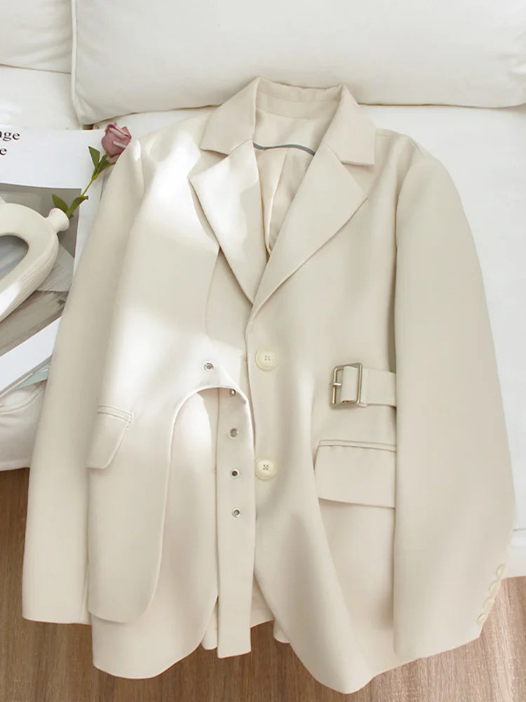 LANMREM Designer Spliced Blazer Coat For Women Single Breasted Long Sleeves Irregular Coats Female Clothing 2023 Autumn 32D163