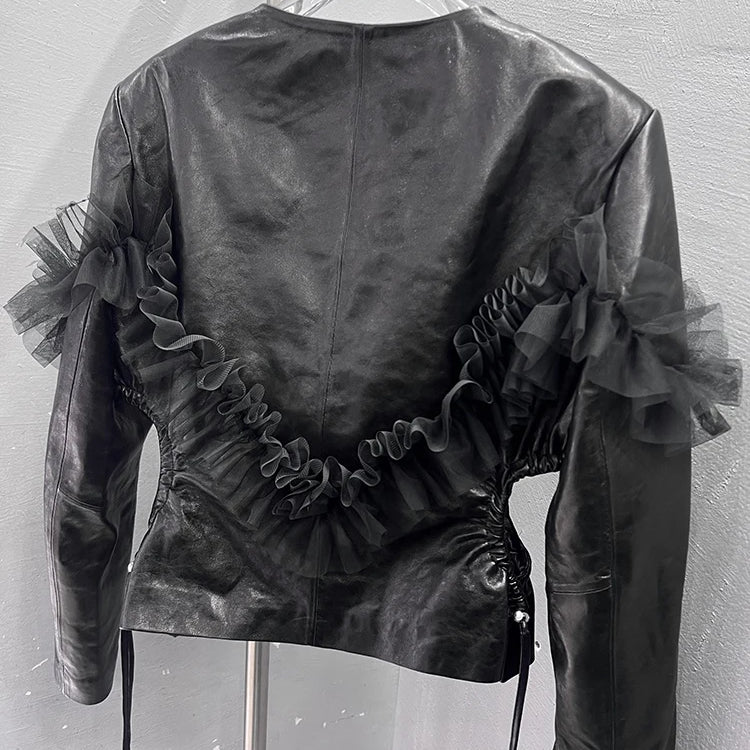 Lautaro Spring Short Black Lace Patchwork Leather Jacket Women Deep V Neck Hollowed Out at the Waist Luxury Designer Emo Clothes