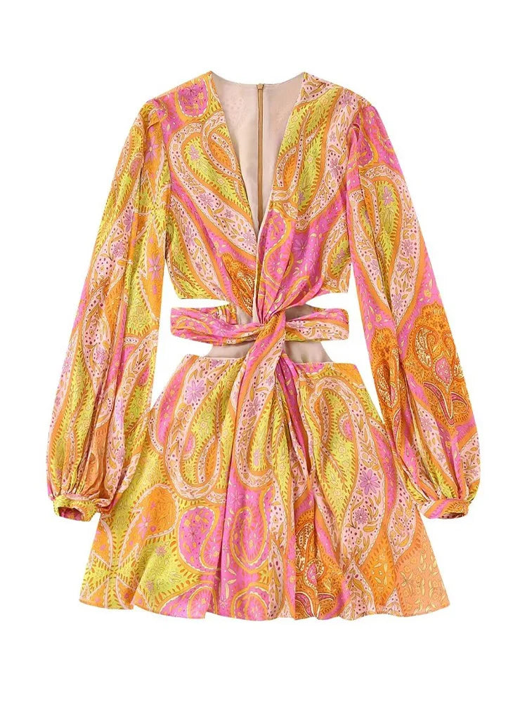 Willshela Women Fashion Printed Hollow Out Back Zipper Mini Dress Vintage V-Neck Long Sleeves Female Chic Lady Dresses Print