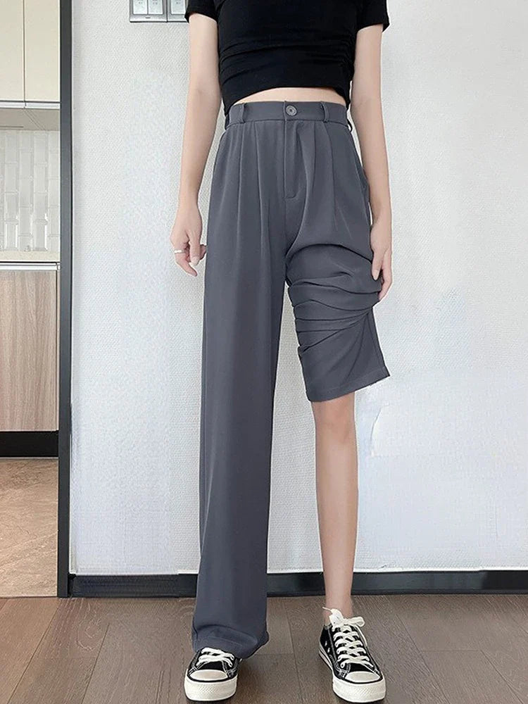 Summer Ice Silk Wide Trousers for Women Loose White Thin Straight Pants Elegant Office Women Baggy Stacked Pants Sweatpants Gray