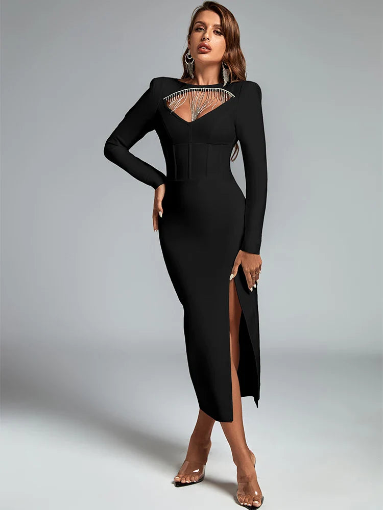 Crystal Long Bandage Dress Women Maxi Evening Party Dress Bodycon Elegant Sexy White Long Sleeve Christmas Birthday Outfit 2023 black