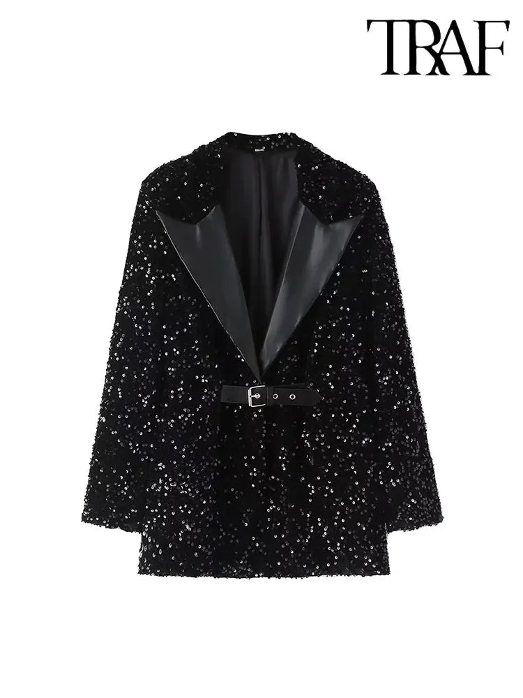 TRAF 2023 Autumn New Fashion Women Shiny Double-breasted Sequins Suit Jacket Female Coat Black Slim Fit Blazers with Belt
