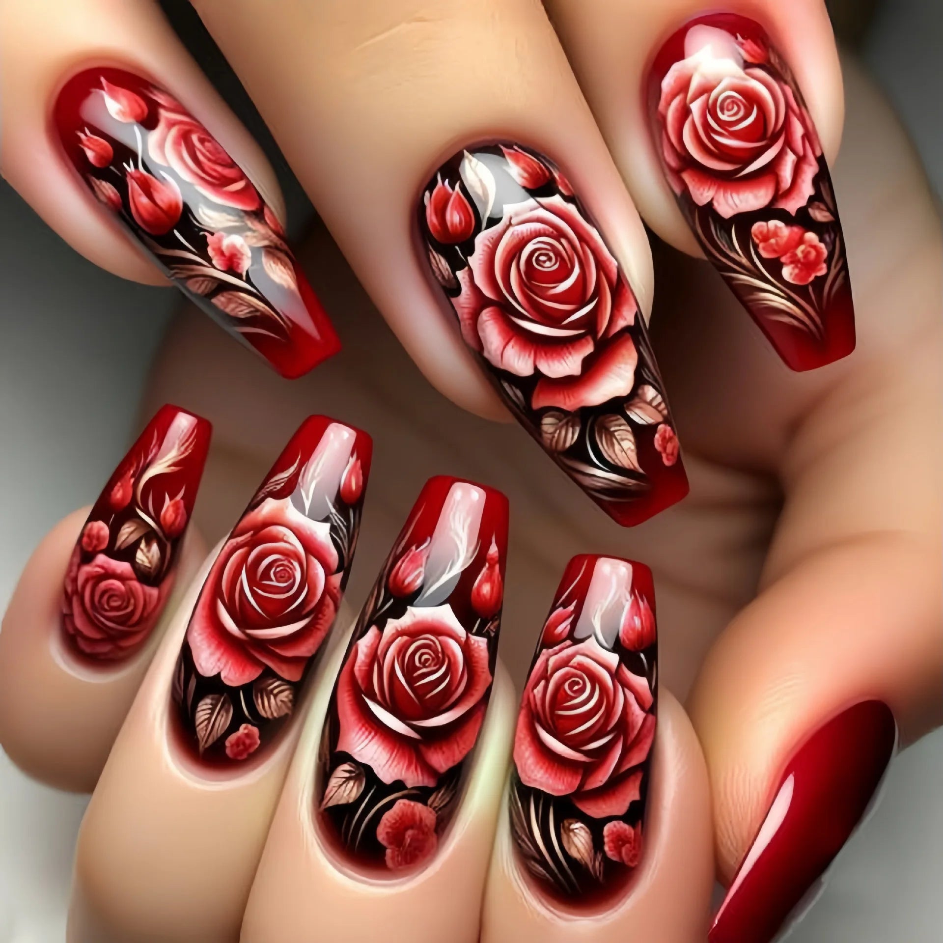 24pcs/set medium long fake nails for women cute gradient pink red heart rose flowers for Valentine's Day press on acrylic nails 1802