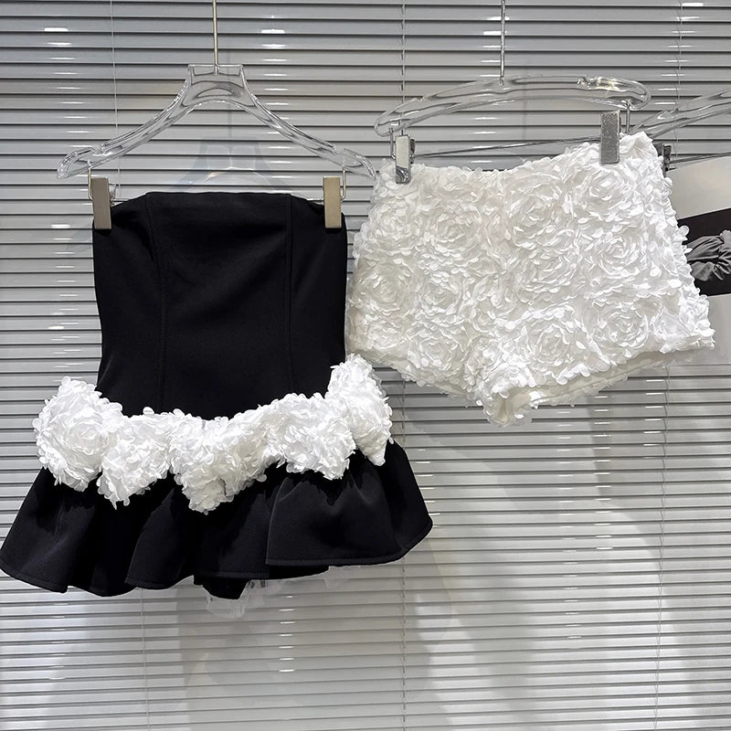 Winter New Sweet Fashion Ruched Floral Fishbone Strapless Dress With Solid Color Shorts Set For Women 11A07946 Black Suit