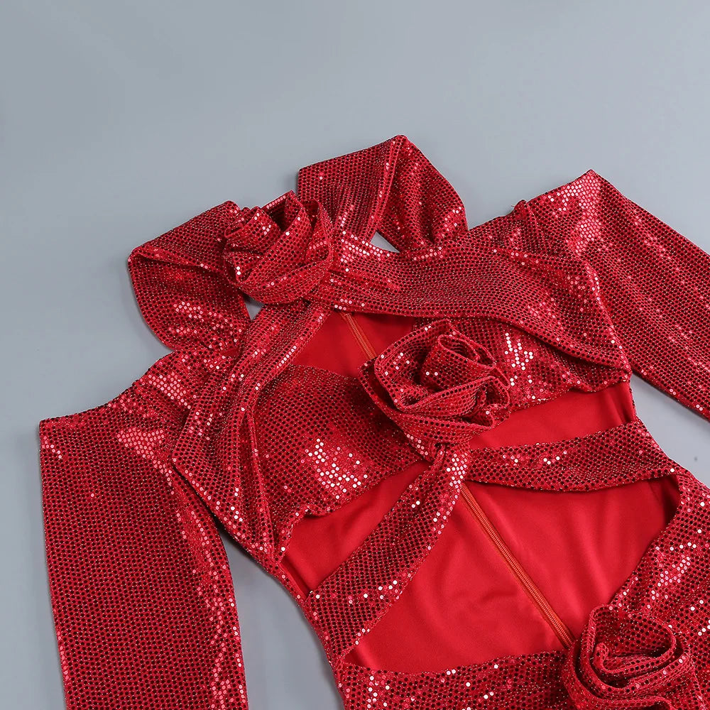 2024 New Autumn Red Color Shinning Sequins Women Long Sleeve Sexy Halter Bodycon Long Dress Florals Wedding Mermaid Party Dress
