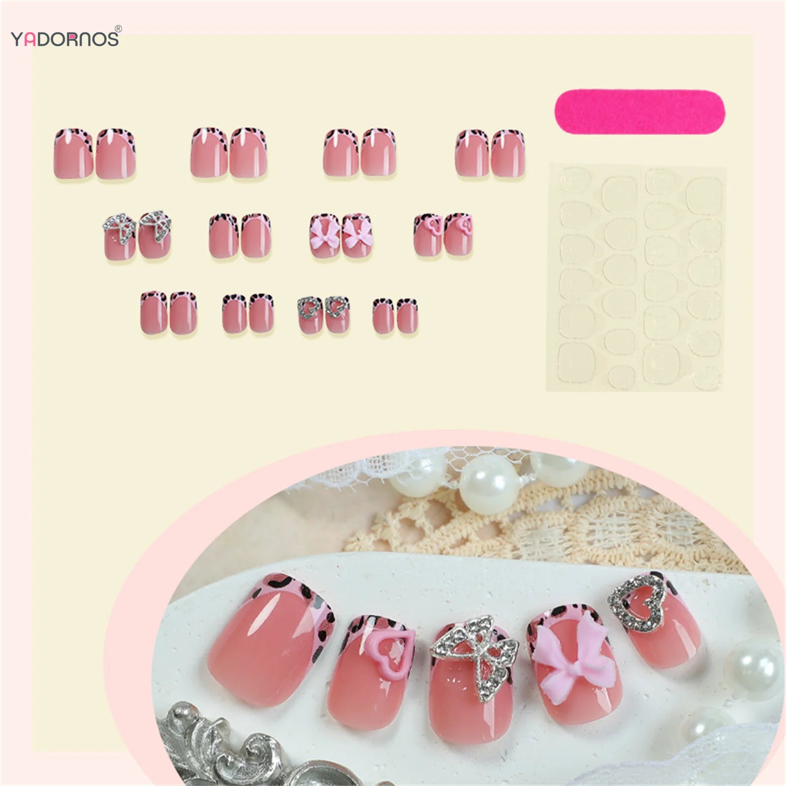 Short Square Nude Pink Fake Nails 24Pcs Leopard Printed French Press On Nails 3D Love Heart/Butterfly/Bowknot Decor False Nails