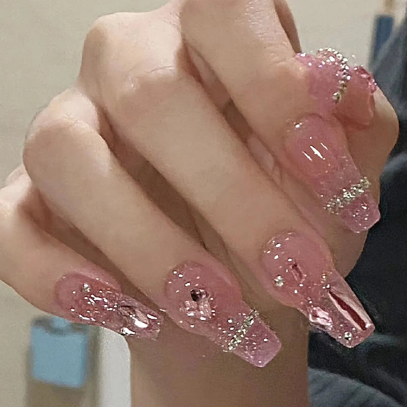 24Pcs Red Fake Nails with 3D White Flower Design Mid Length Coffin Press on Nails Wearable Korean Sweet Flower False Nails 11