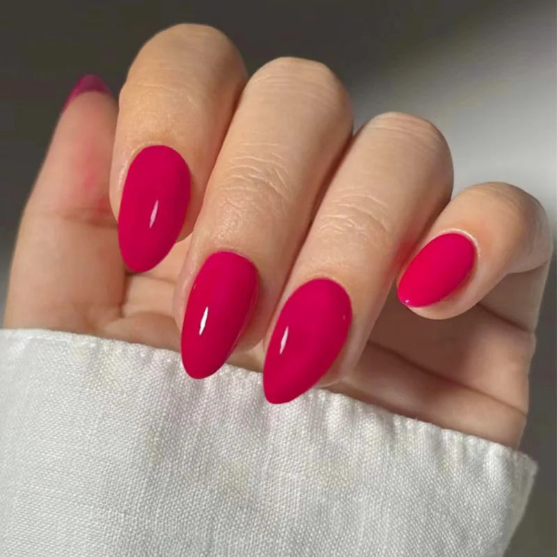 24Pcs Simple Wine Red Fake Nail with Glue Mid-length Almond Press on False Nails Wearable Round Head Oval Full Cover Nail Tips 1618