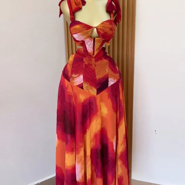 Fashion Printed Women Long Dresses Beach Holiday Street Bowknot Crop High Waist Big Swing Fake 2 Piece Party Dress 2025
