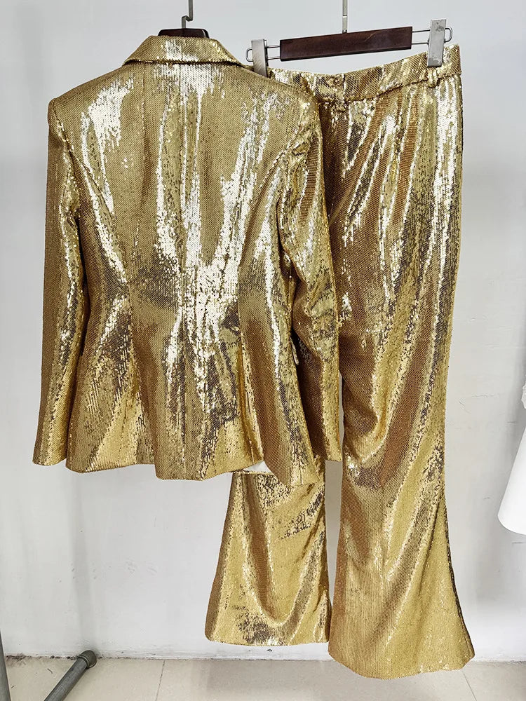 2025 New Autumn Golden Sequins Women Long Sleeve Deep V-Neck Slim 2 Pieces Women's Set Elegant Evening Party Cocktail Wear