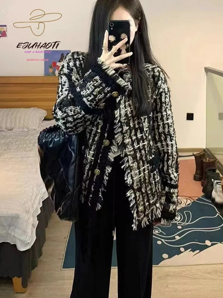 Women's Coat New French Style Small Fragrance 2024 Autumn Winter Retro Weave Tassels Temperament Tweed Tops Jacket