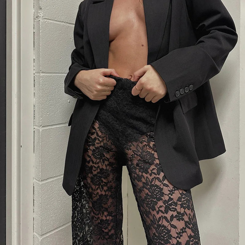 Women Clothing Lace Pant Summer New Female Sexy Club Hollow Out White Black High Waist Long Trousers Fashion Streetwear