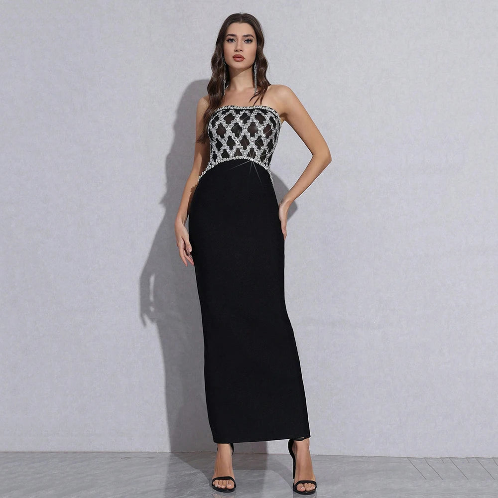 Sexy Strapless Diamond Sequin mesh Patchwork Bodycon Bandage Long Dress Women Fashion Celebrate Evening Party Gowns black
