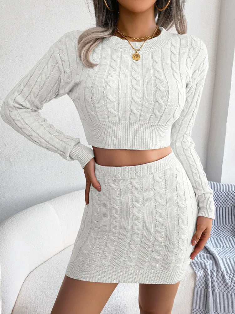 Sexy Sweater Sets 2024 Autumn Winter New Solid Knit Long Sleeve Top Wrap Hip Skirt Suits Show Waist Women ClothesCasual Sweaters