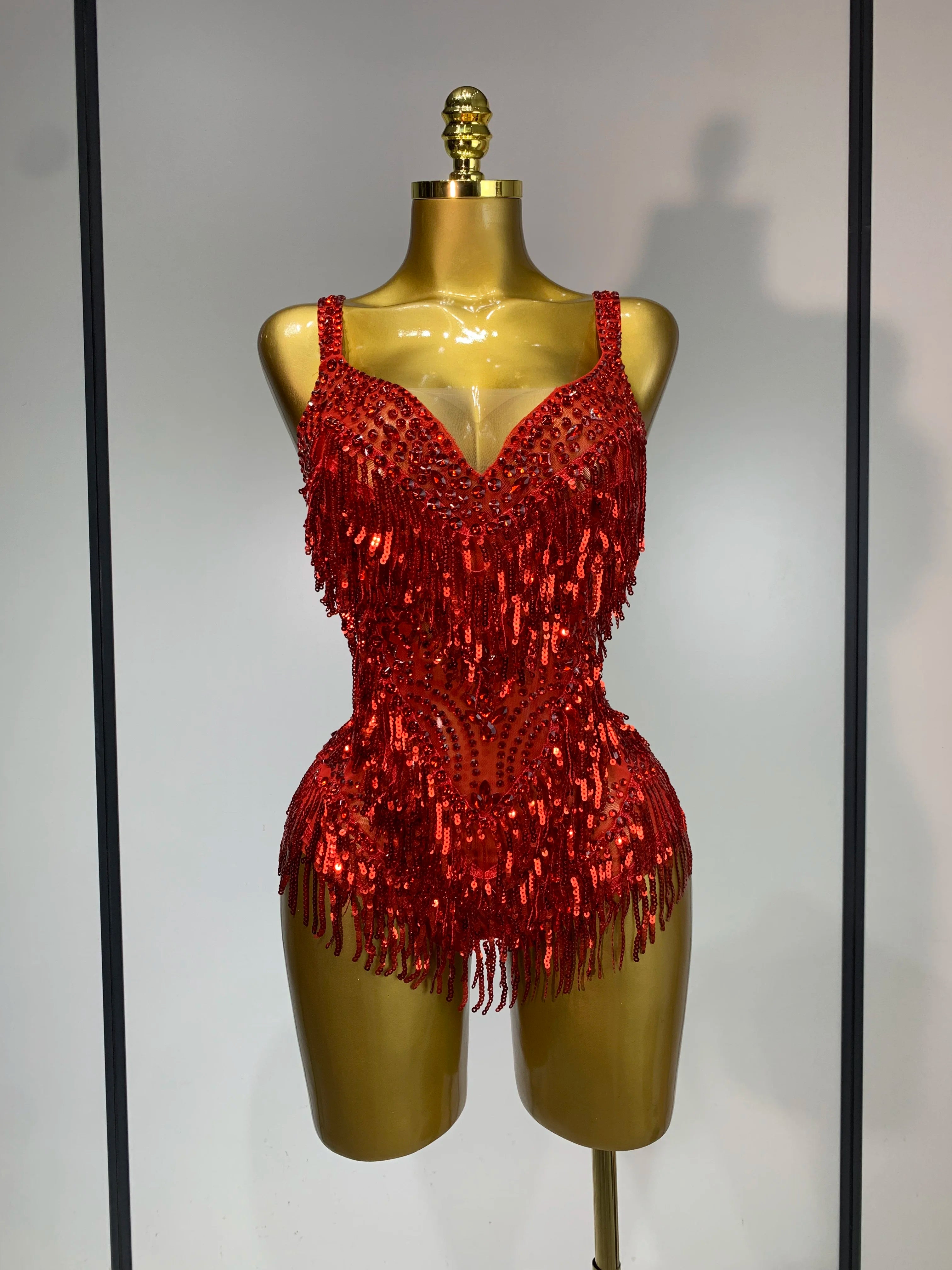 Sparkly Rhinestone Tassel Sexy Backless Mesh Bodysuit Women Luxury Birthday Party Nightclub Bar Dencer Stage performance Costume Burgundy