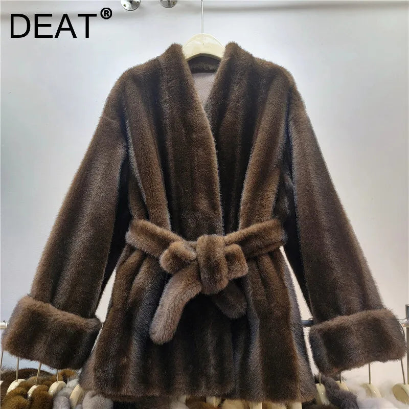 Autumn Winter New Fashion Style Faux Mink Fur Belted Coat For Women High Quality Soft Lace-up Waist Jacket 11A07840