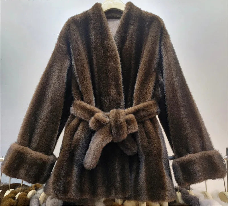 Autumn Winter New Fashion Style Faux Mink Fur Belted Coat For Women High Quality Soft Lace-up Waist Jacket 11A07840