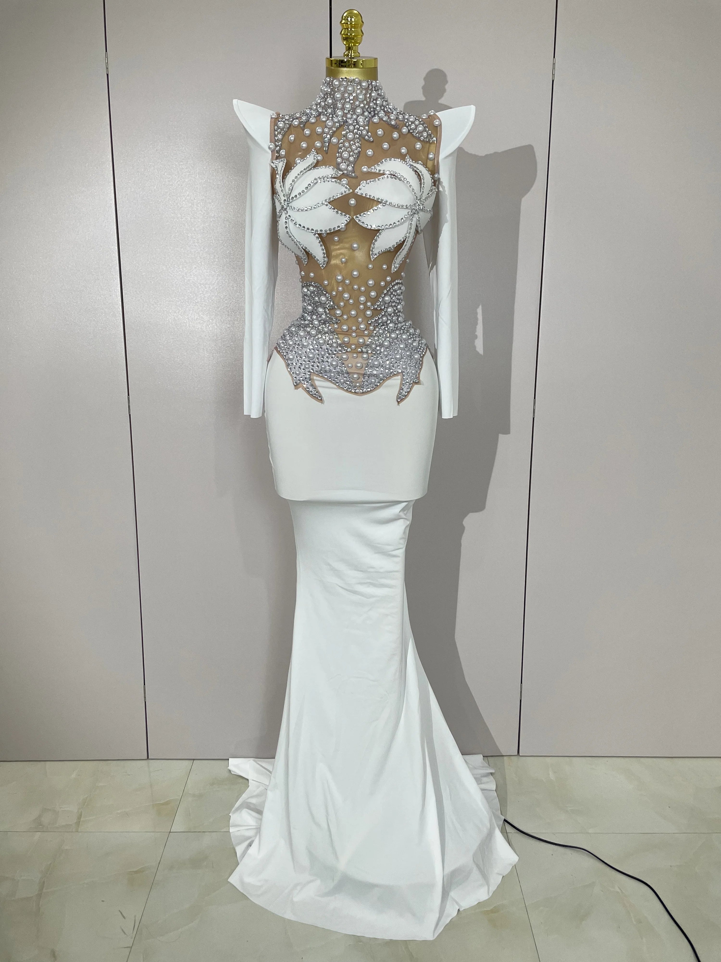 Sparkly Diamonds Pearl Black Sexy See Through Mesh Long Dress Women Wedding Evening Luxury Birthday Party Stage Photoshoot Dress WHITE