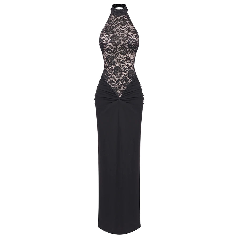 Sexy Black Halter Lace See Through Long Dress Backless Floor Length Tunic Elegant Cocktail Party Evening Gowns black