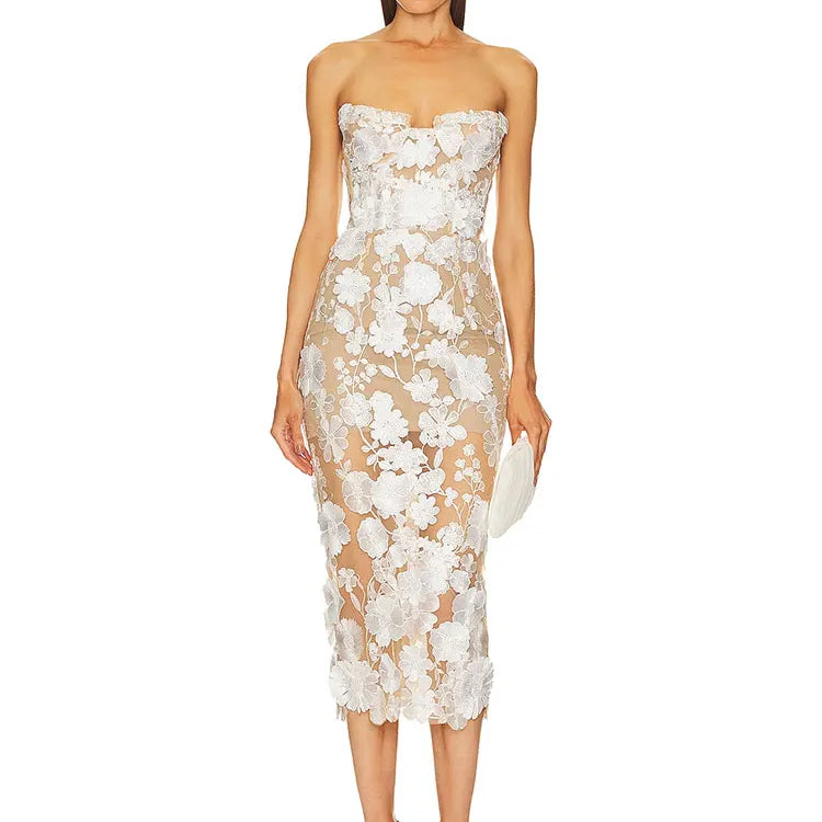 2025 Sexy Women's Wear Heavy Industry Sequin Sheer Dress Strapless Sleeveless Bodycon Midi Dress Cocktail Evening Party Vestidos