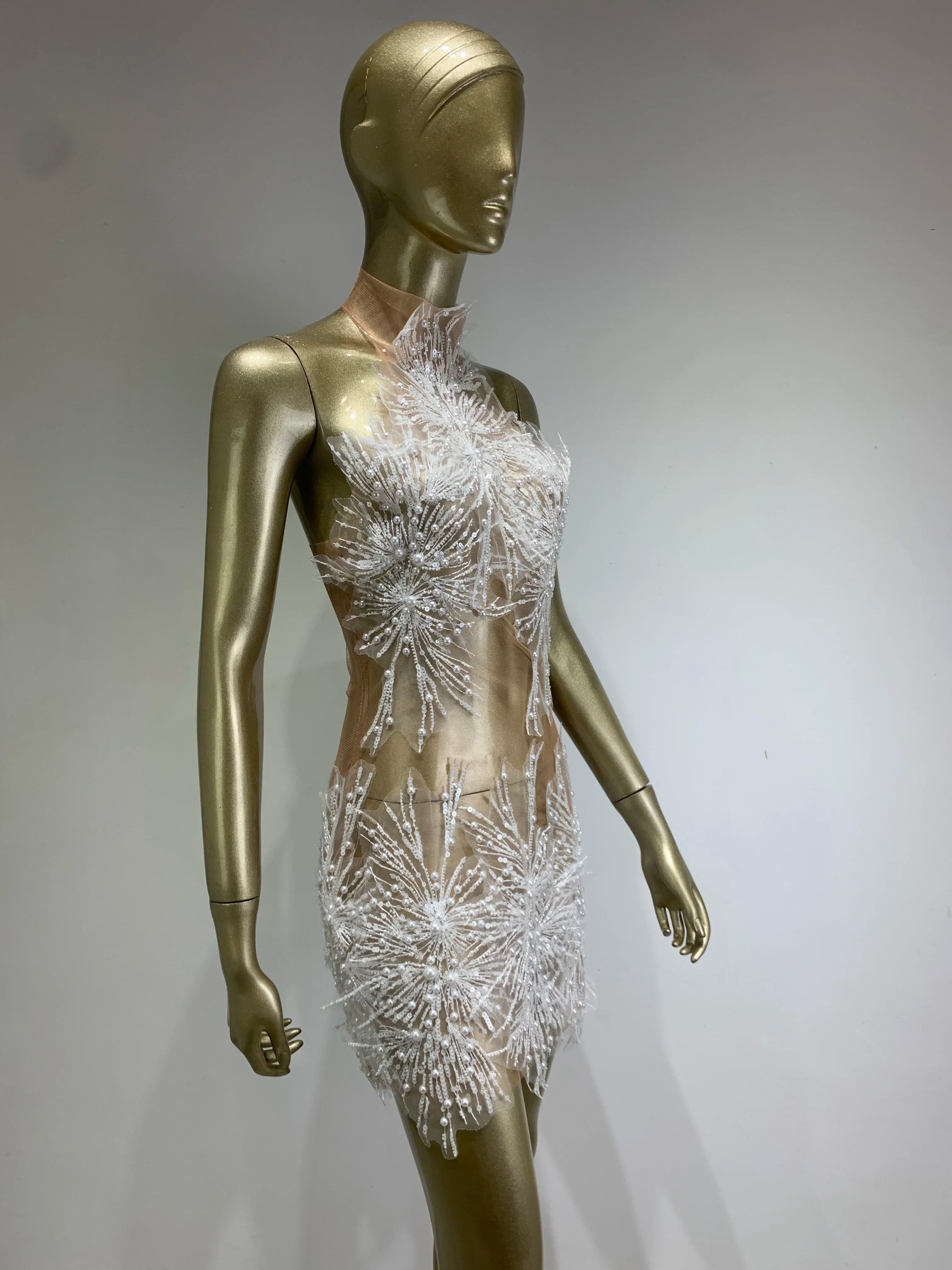 Women Sexy Off the Shoulder Mesh SeeThrough Bodycon Mini Dress Sequins Nightclub Party Celebrate Dress