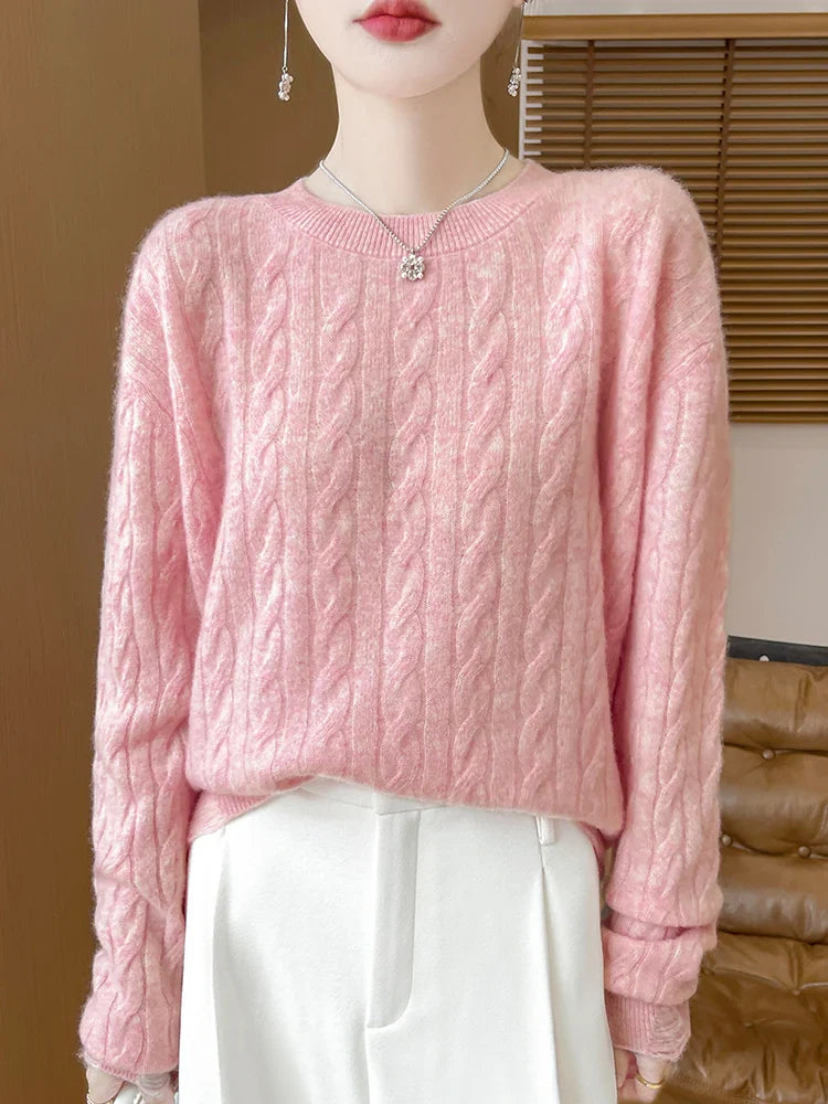 Women Cable Knit Sweater 100% Merino Wool Knitwear O-neck Preppy Style Long Sleeve Pullover Autumn Winter Cashmere Sweater Tops Pink