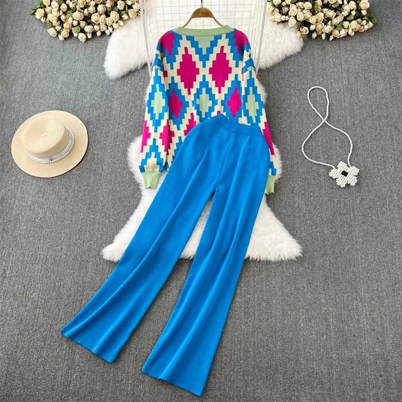 Women Sweater Cardigans Pant Set Casual Suits Long Sleeve Autumn Winter Knitted Loose Elegance Plaid Tops Elastic Sweaterpants