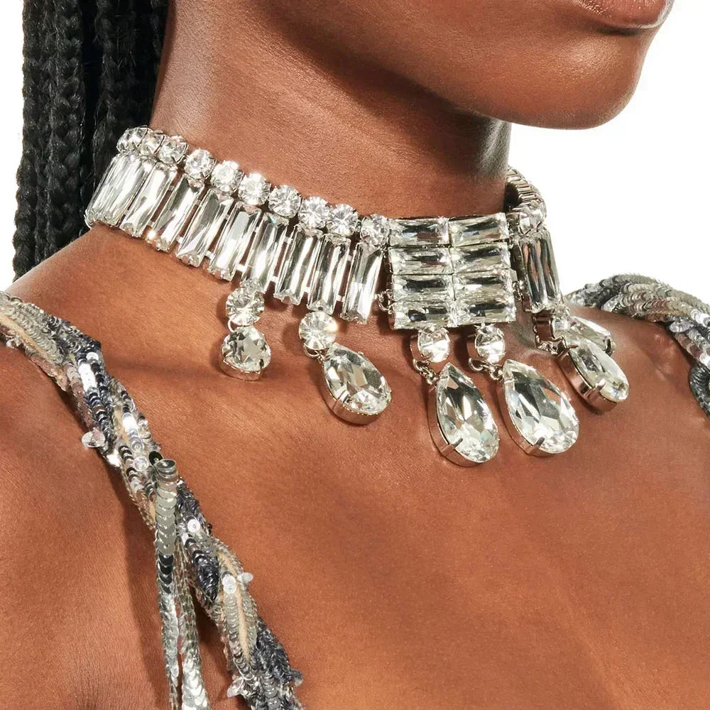 Exaggerate Large Crystal Choker Neckalce Statement Accessories Luxury Water Drop Rhinestone Collar Choker for Women