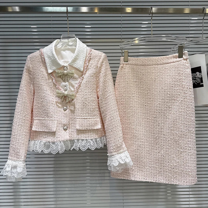 Autumn Winter New Fashion Sweet Pearl Bow Tie Down Short Coat Midi Skirt Tweed Two-pieces Set For Women 11A07717 Pink