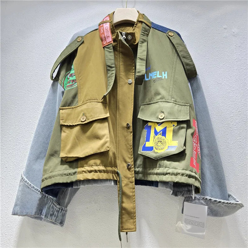 Autumn Winter New Fashion Street Style Loose Short Jacket For Women Letter Printed Contrast Color Coat Female 11A07725 as shown One Size