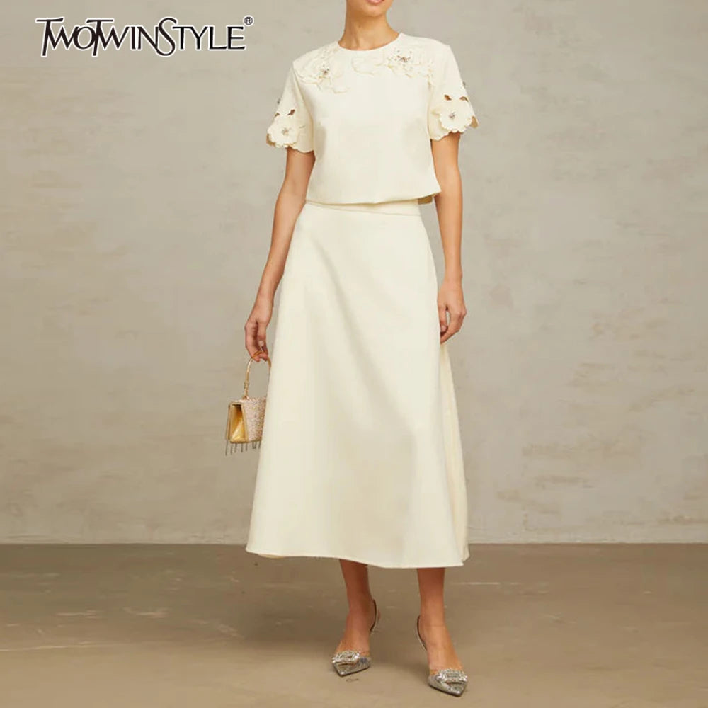 Solid Fashion Two Piece Sets for Women Round Neck Short Sleeves Patcwork Applique Top High Waist Skirt Set Female