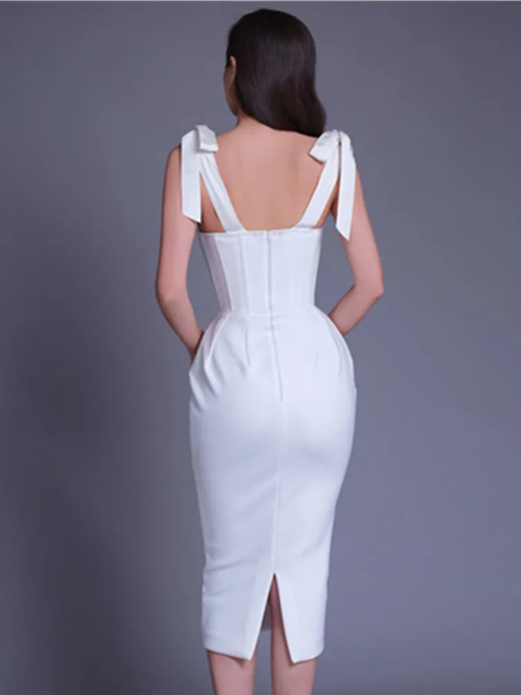 New Chic Women Summer Sexy Backless Split White Beige Midi Bodycon Bandage Dress 2023 Elegant Evening Party Dress Vestido