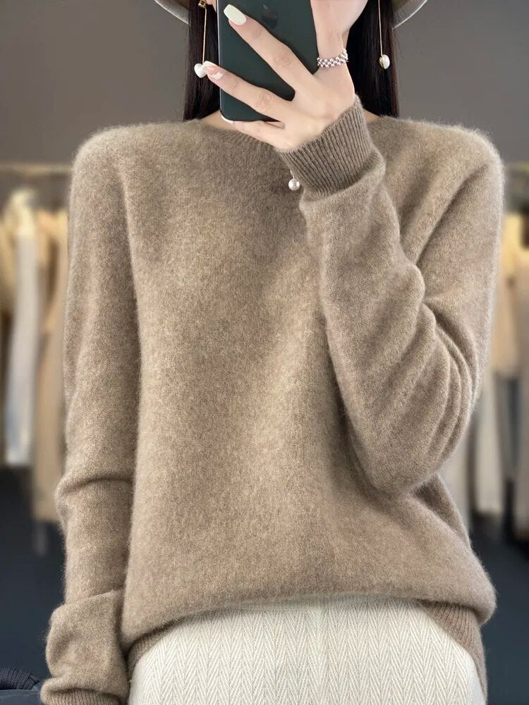 Women 100% Pure Merino Wool Knitted Sweater Autumn Winter Fashion O-Neck Top Cashmere Warm Pullover Seamless Jumper Clothes Camel
