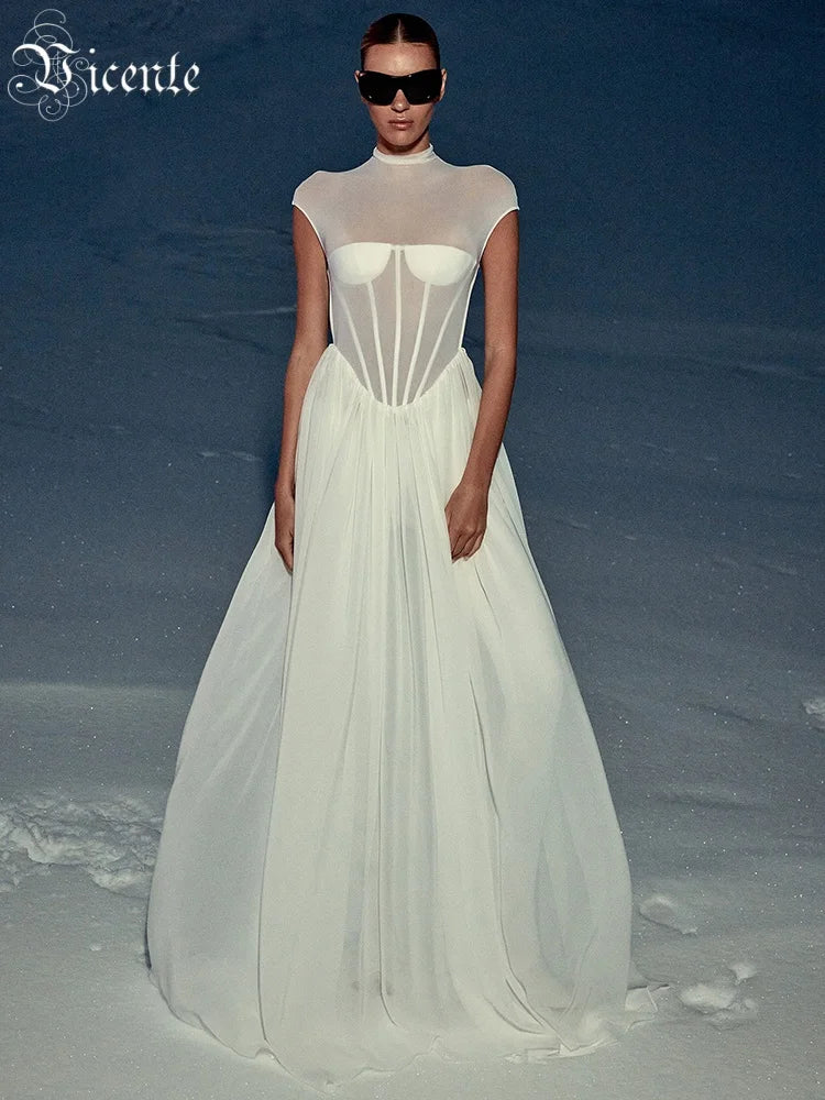 Romantic Ethereal High-Neck Bridal-Inspired Sheer White Maxi Dress for Wedding Party Evening Gown