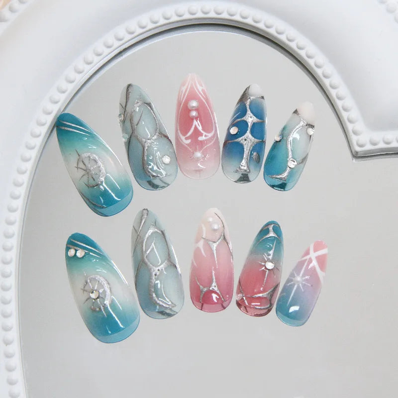24pcs Ins Almond Press on Nails Gothic Sliver Metal Line y2k Fake Nails Detachable Wearable Sweet Cool Spicy Girl False Nails